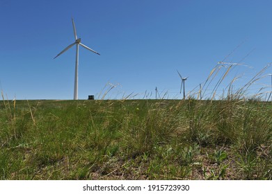 Zhambyl region, Kazakhstan - 05.15.2013 : Wind turbines located in an open hilly area to collect energy.