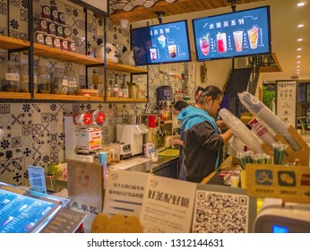 Zhangjiajie/China - 15 October 2018:Traditional Chinese Milk Tea Shop And Shop Staff In Zhangjiajie City Hunan China