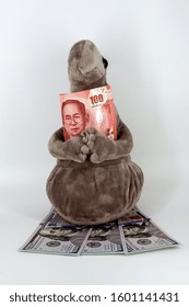 zhdun plush holds a hundred baht in his hands and sits on dollar bills