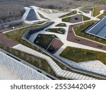 Zhengzhou, China, south bank of the Yellow River, early winter 2024, aerial view of the Yellow River National Museum under construction.