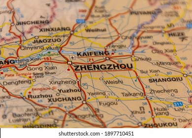 Zhengzhou, Henan Province, China On A Road Map.