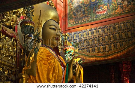 Zhong Ke Ba, Famous Monk, Founder of Yellow Hat Buddhism Altar Offerings Tanka Yonghe Gong Buddhist Lama Temple Beijing China Built in 1694, Yonghe Gong is the largest Buddhist Temple in Beijing. Stok fotoğraf © 
