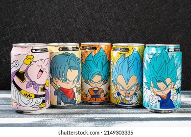 ZHONGSHAN China-August 9,2021:set of variously flavors sparkling water printed with Dragon Balls characters on a table.