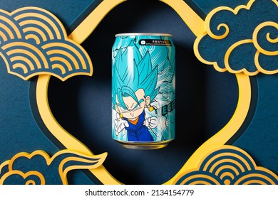 ZHONGSHAN China-March 2,2022:apple flavor sparkling water with Dragon Balls character Vegito surrounded by Asia culture decorations.