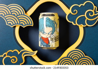 ZHONGSHAN China-March 2,2022:white grape flavor sparkling water printed with Dragon Balls character Future Trunks.