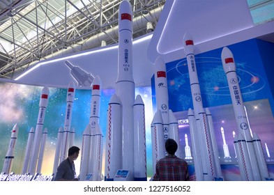 ZHUHAI, CHINA- NOVEMBER 6, 2018: Mockups of the New Generation Launch Vehicles of Long March Family are on diplay during the 12th China International Aviation and Aerospace Exhibition