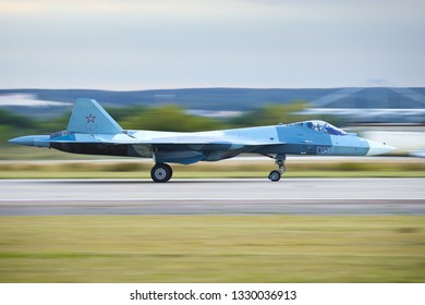 Zhukovskiy,Moscow Region, Russia - August 27,2015: PAK FA's (T-50/Su-50) landing roll-out.