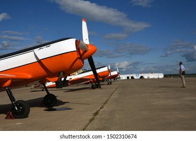 ZHUKOVSKY, MOSCOW REGION, RUSSIA - AUGUST 27, 2019: Pilotage group ANBO, Lithuania, with Yak-50 planes shown at International Aerospace Salon MAKS-2019 in Zhukovsky, Moscow region, Russia.