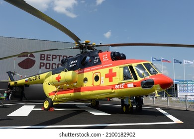 ZHUKOVSKY, MOSCOW REGION, RUSSIA  JULY 20, 2021:Russian multi-purpose helicopter Mi-8MTV-1 with tail number RA-22176 of the National Air Ambulance Service at the International Aviation and Space Salon
