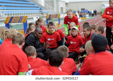 ZHUKOVSKY, MOSCOW REGION, RUSSIA - JUNE 27, 2014: IAAF World Champion Wilson Kipketer Of Denmark Gives A Master Class For Young Russian Athletes During The Znamensky Memorial