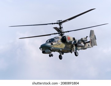 ZHUKOVSKY, RUSSIA - 25 July 2021: Demonstration of the Kamov Ka-52 Alligator attack helicopter of the Russian Air Force at MAKS-2021, Russia.