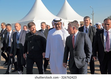 ZHUKOVSKY, RUSSIA - AUG 25, 2015: Head Of Chechnya Ramzan Kadyrov, Crown Prince Of Abu Dhabi Mohammed Al Nahyan And King Of Jordan Abdullah II At The International Aviation And Space Salon MAKS-2015