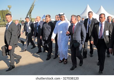 ZHUKOVSKY, RUSSIA - AUG 25, 2015: The Head Of Chechnya Ramzan Kadyrov, Crown Prince Of Abu Dhabi Mohammed Al Nahyan, King Of Jordan Abdullah II At The International Aviation And Space Salon MAKS-2015