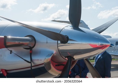 Zhukovsky, RUSSIA - August 28, 2019: Single-engine turbojet business aviation Pilatus PC-1247E tail number RA-07870 at the MAKS-2019 International air show, view of the propeller