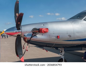Zhukovsky, RUSSIA - August 28, 2019: Single-engine turbojet business aviation Pilatus PC-1247E tail number RA-07870 at the MAKS-2019 International air show, view of the screw on the left