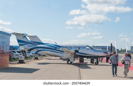 Zhukovsky, RUSSIA - August 28, 2019: Single-engine turbojet business aviation Pilatus PC-1247E tail number RA-07870 at the MAKS-2019 International air show, right view