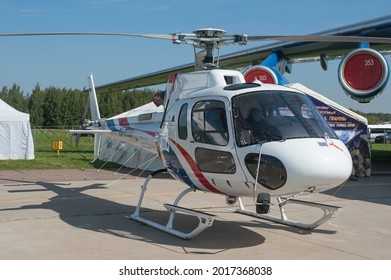 Zhukovsky, RUSSIA - August 29, 2019: Russian Eurocopter AS350 B3 helicopter number RA-07222 center operation of space infrastructure objects at the MAKS-2019 International aerospace salon