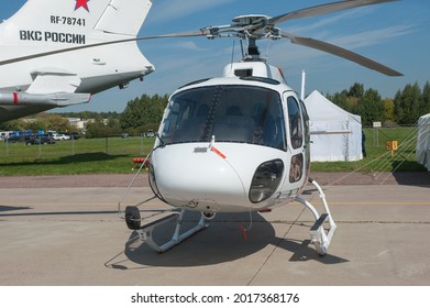 Zhukovsky, RUSSIA - August 29, 2019: Russian Eurocopter AS350 B3 helicopter number RA-07222 center operation of space infrastructure objects at the MAKS-2019 International aerosalon, left-front view