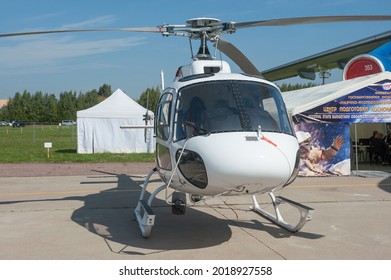 Zhukovsky, RUSSIA - August 29, 2019: Russian Eurocopter AS350 B3 helicopter number RA-07222 center operation of space infrastructure objects at the MAKS-2019 International aerosalon, front view