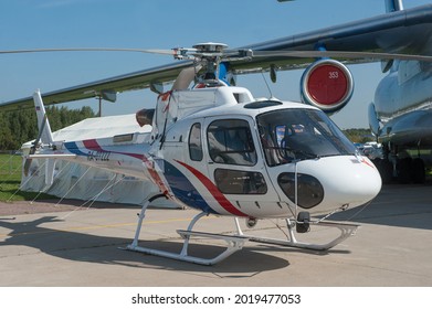 Zhukovsky, RUSSIA - August 29, 2019: Russian Eurocopter AS350 B3 helicopter number RA-07222 center operation of space infrastructure objects at the MAKS-2019 International aerosalon, right-front view