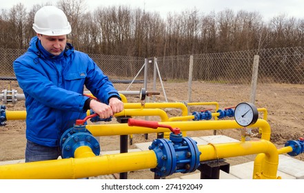 ZHYDACHIV, UKRAINE - APRIL 15: Worker Employs Equipment Of The Natural Gas Field Station Near Western Ukrainian City Zhydachiv, Ukraine On April 15, 2015