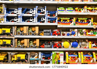 Zhytomyr, Ukraine - 5 July 2020. An Assortment Of Toys On Display At A Store. Toys Car. Exhibited By The Collector To The Public For Sale. Toys On Shelves In A Children's Store