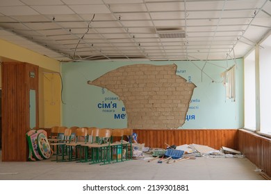 Zhytomyr, Ukraine - March 16, 2022: consequences of the bomb dropped on the school. Russian military attacks from the air. Internal damage