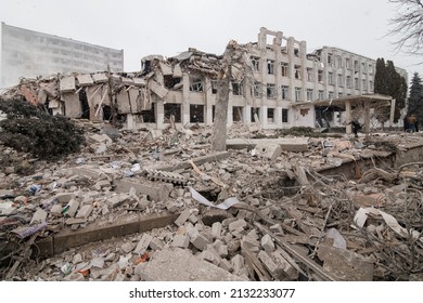 ZHYTOMYR, UKRAINE - March 4, 2022: Russia's war against Ukraine. a Russian bomb hit the school.