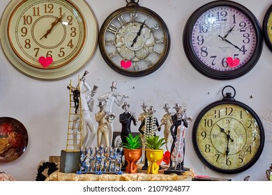 Zichron Yaakov, Israel - November 17, 2021: Souvenirs - Large Wall Clocks In A Small Gift Shop