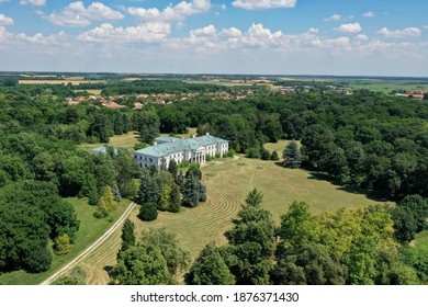 Zichy Hadik Castle was built in 1821 in a classicist style castle in Seregélyes. The castle was built on the initiative of Count Ferenc Zichy. drone shot from above. Hungary - Seregélyes 06. 28. 2020