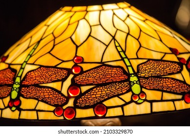 Zielona Gora, Lubusz Voivodeship, Poland — September 4 2021: Colorful Lampshade With Dragonfly Seen At The Antiques Bazaar In Zielona Gora.