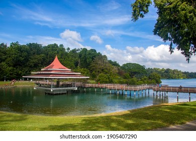 the Zig-Zag Bridge in MacRitchie Reservoir Singapore, was completed in 1868 by impounding water from an earth embankment. 
There are boardwalks skirting the edge of the scenic MacRitchie Reservoir. 