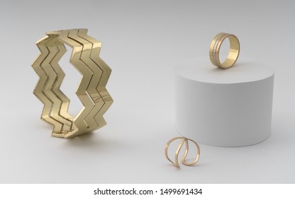 Zigzag Shape Modern Golden Bracelet With Two Rings On White