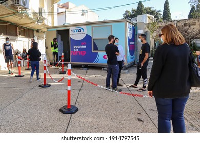 Zikhron Ya'akov, Israel - January 11 2021: Vaccination Site Where People Get Pfizer–BioNTech COVID‑19 Vaccine (tozinameran, Comirnaty).