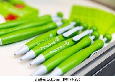 Zilina, Slovakia - 2.8.2017: PrimaBanka Merch - Corporate Promotional Items, Pens With The Company Logo. Gifts For Employees, Customers, For Presentations.