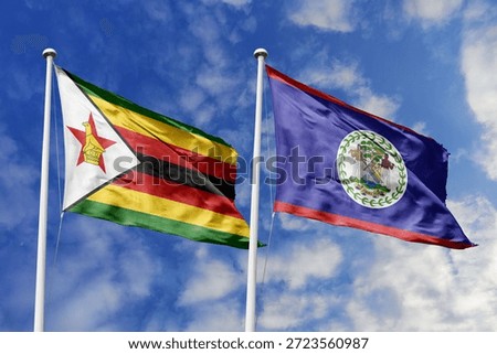 Zimbabwe and Belize two flags textile cloth, fabric texture, union, peace, conflict and partnership concept. Zimbabwean and Belizean official national relationship symbols.