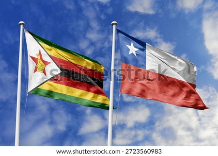 Zimbabwe and Chile two flags textile cloth, fabric texture, union, peace, conflict and partnership concept. Zimbabwean and Chilean official national relationship symbols.
