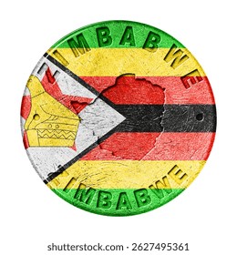 Zimbabwe Flag Button with Map, Retro Style