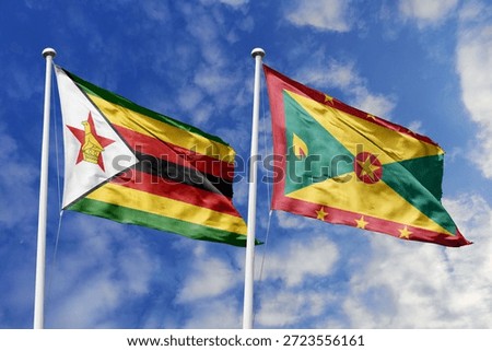 Zimbabwe and Grenada two flags textile cloth, fabric texture, union, peace, conflict and partnership concept. Zimbabwean and Grenadian official national relationship symbols.