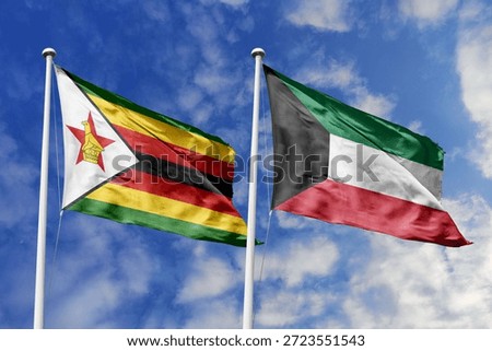 Zimbabwe and Kuwait two flags textile cloth, fabric texture, union, peace, conflict and partnership concept. Zimbabwean and Kuwaiti official national relationship symbols.