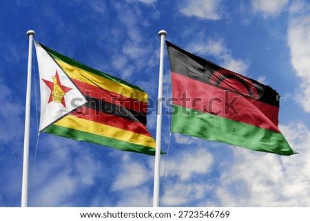 Zimbabwe and Malawi two flags textile cloth, fabric texture, union, peace, conflict and partnership concept. Zimbabwean and Malawian official national relationship symbols.