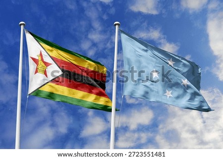 Zimbabwe and Micronesia two flags textile cloth, fabric texture, union, peace, conflict and partnership concept. Zimbabwean and Micronesian official national relationship symbols.