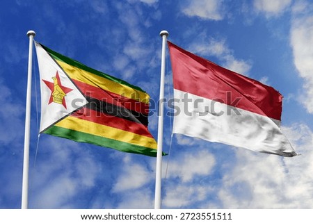 Zimbabwe and Monaco two flags textile cloth, fabric texture, union, peace, conflict and partnership concept. Zimbabwean and Monegasque official national relationship symbols.