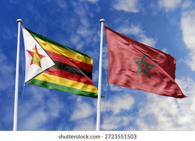 Zimbabwe and Morocco two flags textile cloth, fabric texture, union, peace, conflict and partnership concept. Zimbabwean and Moroccan official national relationship symbols.