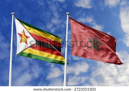 Zimbabwe and Morocco two flags textile cloth, fabric texture, union, peace, conflict and partnership concept. Zimbabwean and Moroccan official national relationship symbols.