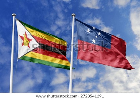 Zimbabwe and Samoa two flags textile cloth, fabric texture, union, peace, conflict and partnership concept. Zimbabwean and Samoan official national relationship symbols.