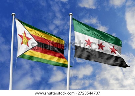 Zimbabwe and Syria two flags textile cloth, fabric texture, union, peace, conflict and partnership concept. Zimbabwean and Syrian official national relationship symbols.