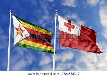 Zimbabwe and Tonga two flags textile cloth, fabric texture, union, peace, conflict and partnership concept. Zimbabwean and Tongan official national relationship symbols.