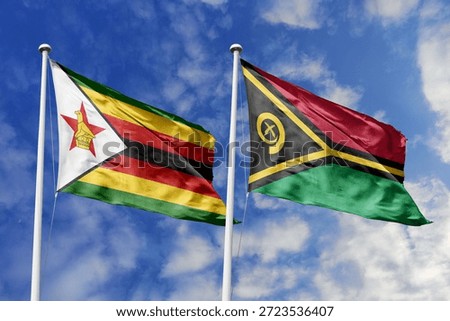 Zimbabwe and Vanuatu two flags textile cloth, fabric texture, union, peace, conflict and partnership concept. Zimbabwean and Vanuatuan official national relationship symbols.