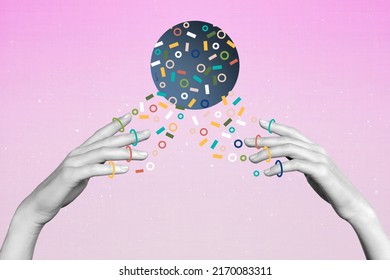 Zine unusual collage banner of two human palms catch geometry shape crypto earnings isolated pastel color background